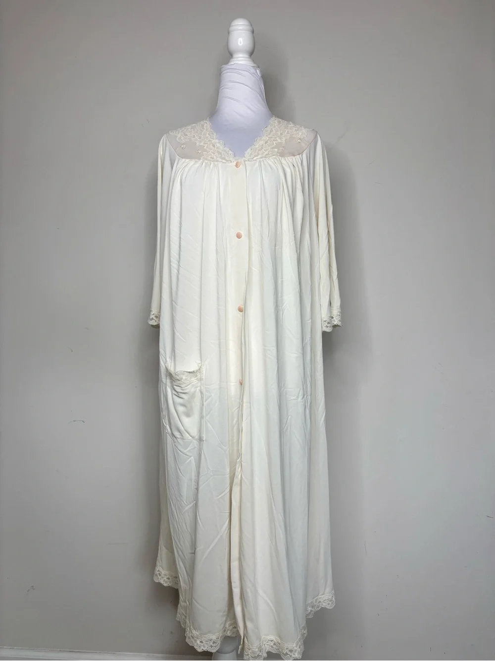M1 Shadowline Vintage Lace-Trim‎ Long Nightgown Cream Pink Retro Women Large